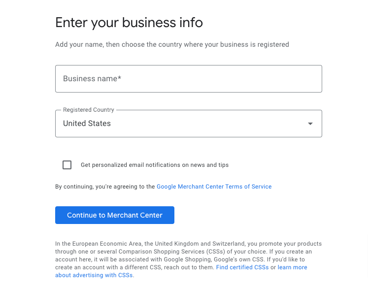 Esta imagen muestra el formulario de registro para la cuenta de Google Merchant Center