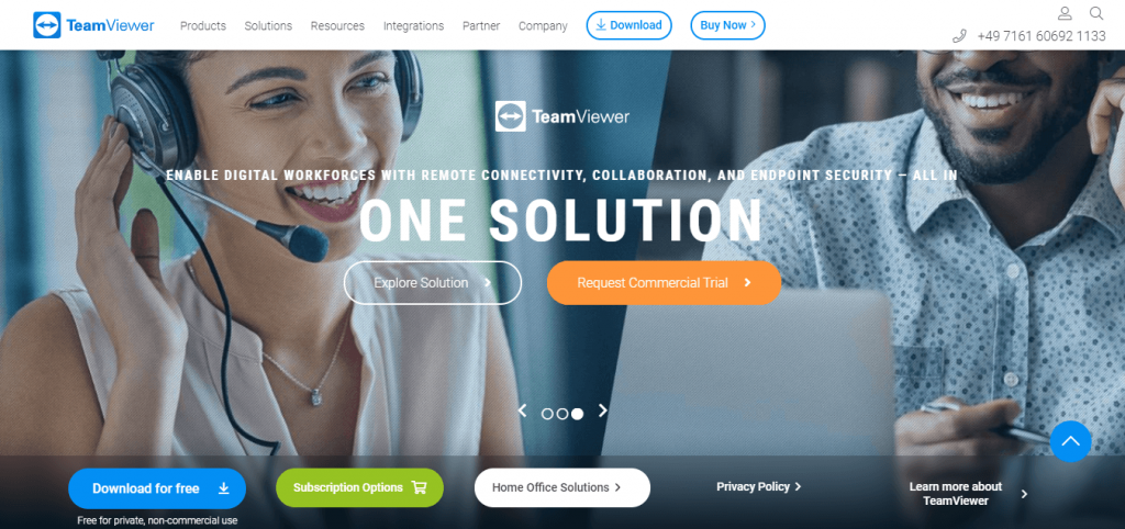 TeamViewer 온라인 회의 도구 홈페이지의 스크린샷입니다.