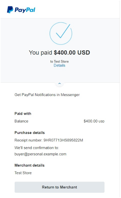 Mensaje de éxito de PayPal