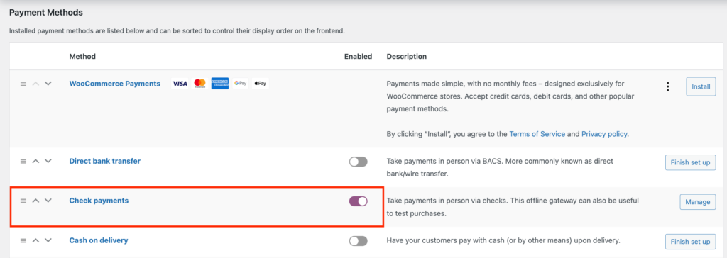 قم بتمكين مدفوعات الشيكات لاختبار عملية الدفع لـ WooCommerce