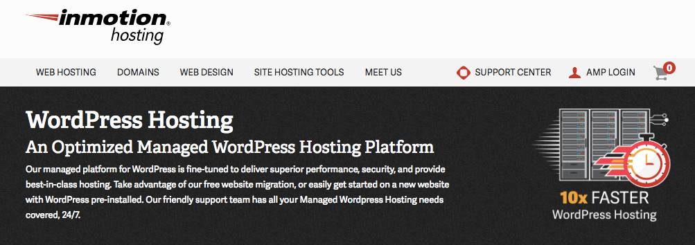 ภาพนี้แสดงหน้าแรกของโฮสติ้ง Inmotion WordPress