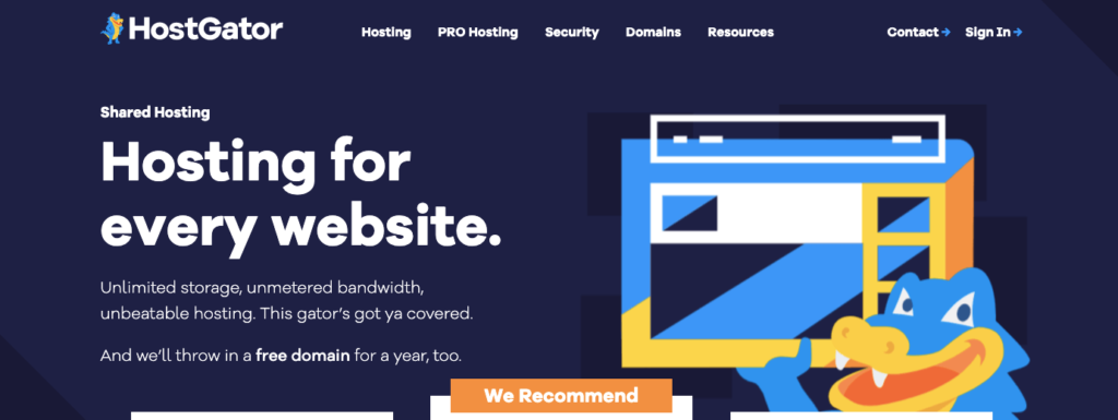 Questa immagine mostra la home page dell'hosting WordPress di Hostgator