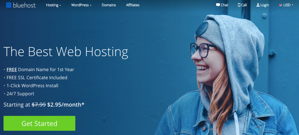 Esta es una captura de pantalla de la página de inicio de Bluehost