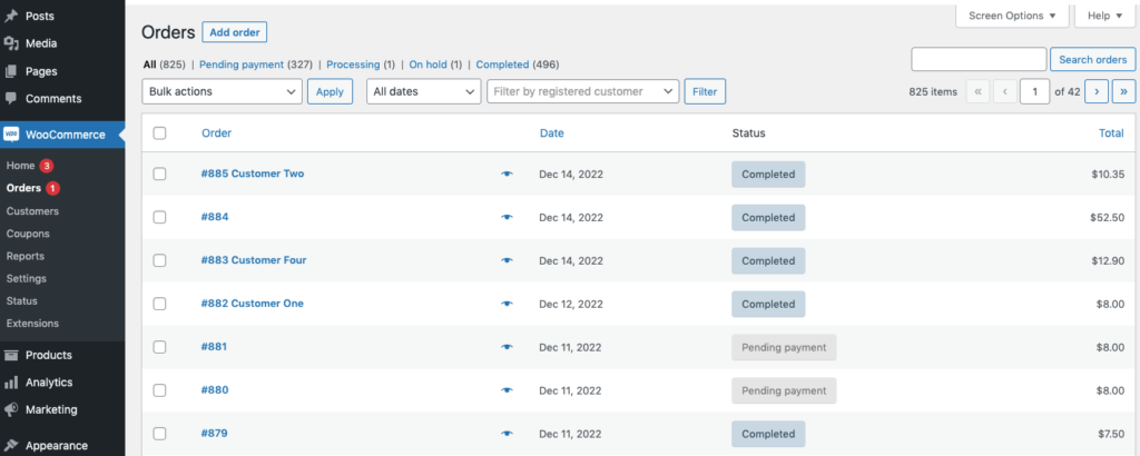 この画像は、WooCommerce ストアの注文データを示しています。