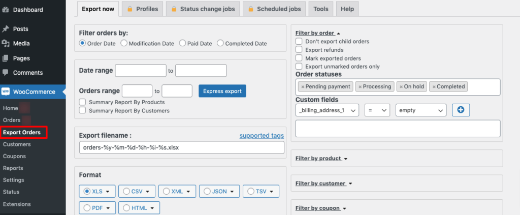 Gambar ini menampilkan opsi Export Orders di situs WooCommerce.