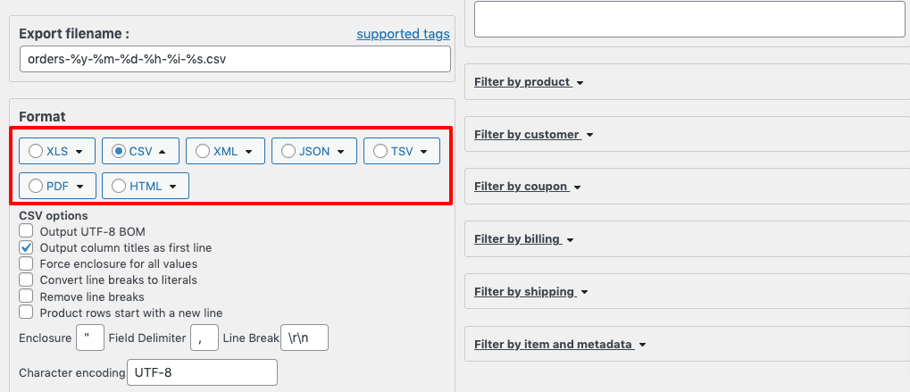 이 이미지는 WooCommerce 주문을 내보내는 동안 파일 형식을 선택하는 방법을 보여줍니다.