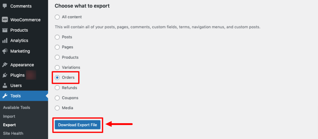 Dies ist ein Screenshot einer WordPress-Site, der das Export-Tool von WordPress zeigt.