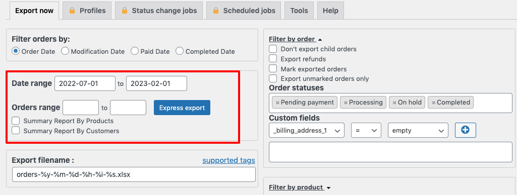 Esta imagen muestra cómo establecer un rango de fechas para exportar pedidos de WooCommerce