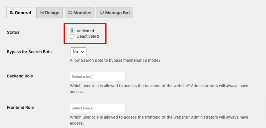 Cette image montre les options activées et désactivées pour activer le mode de maintenance du site.