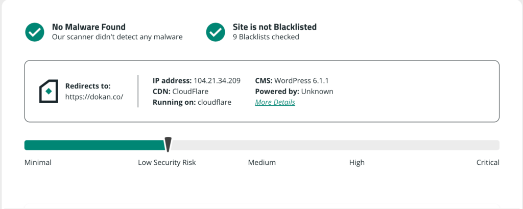 Questa immagine mostra il risultato della scansione malware di un sito web.