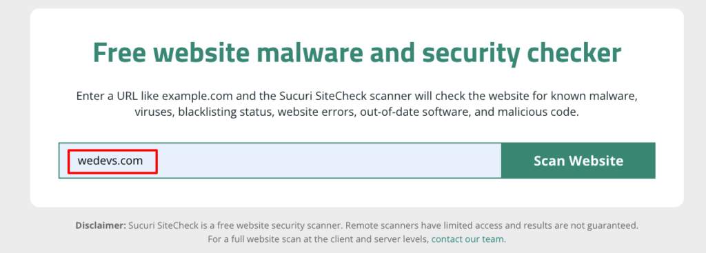 此圖顯示了 SiteCheck 網站的搜索選項。