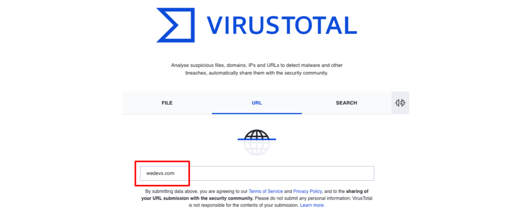 이 이미지는 VirusTotal 온라인 스캐너 웹사이트의 홈페이지를 보여줍니다.