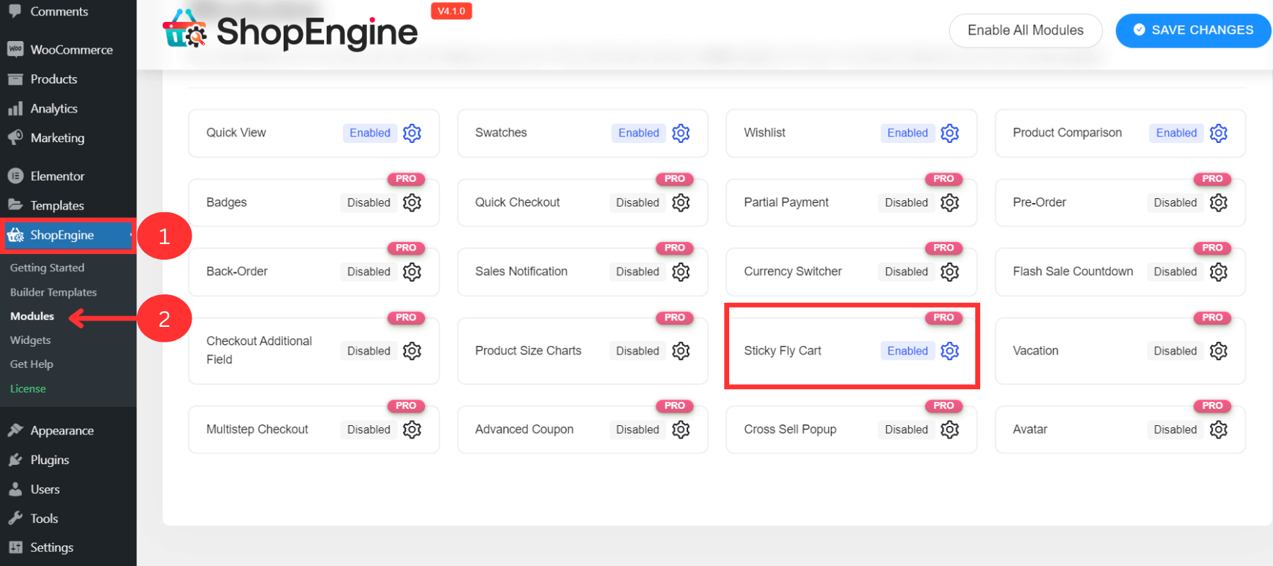 Włącz widżet Sticky Fly Cart w ShopEngine