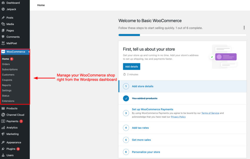 Gestion de la boutique WooCommerce sur le tableau de bord WordPress