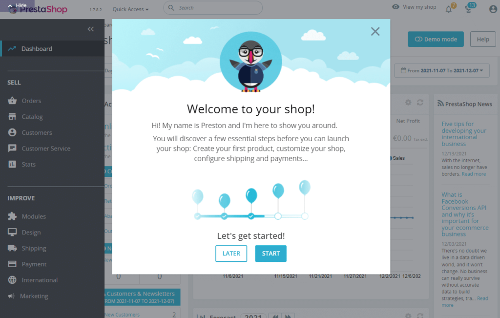 Uno screenshot della procedura guidata di onboarding di pestrashop