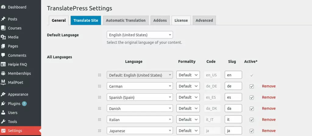 WordPress 中 TranslatePress 设置的屏幕截图