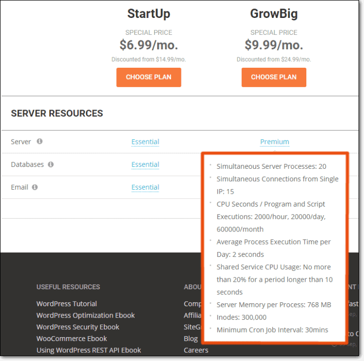 recursos do servidor do siteground