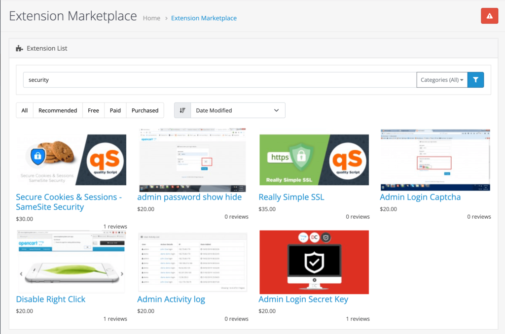 OpenCart 安全扩展的屏幕截图