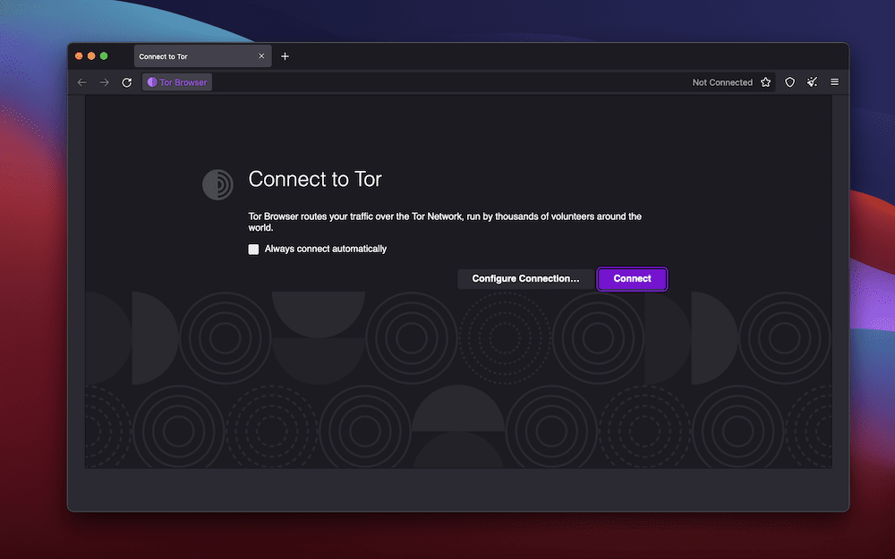 La pagina di connessione principale per Tor Browser su uno sfondo sfumato rosso, blu e viola. Il testo recita: "Connettiti a Tor. Tor Browser instrada il tuo traffico sulla rete Tor, gestita da migliaia di volontari in tutto il mondo". C'è anche un pulsante Connetti viola, un altro per configurare la tua connessione e una casella di controllo per "Connettiti sempre automaticamente".