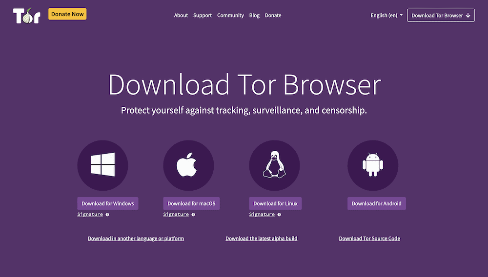 La pagina di download di Tor Browser in viola, che mostra un'intestazione che recita "Scarica Tor Browser" e diversi collegamenti per le versioni Windows, macOS, Linux e Android del browser. C'è anche una serie di collegamenti di navigazione e il logo Tor, insieme a un pulsante giallo "Dona ora".