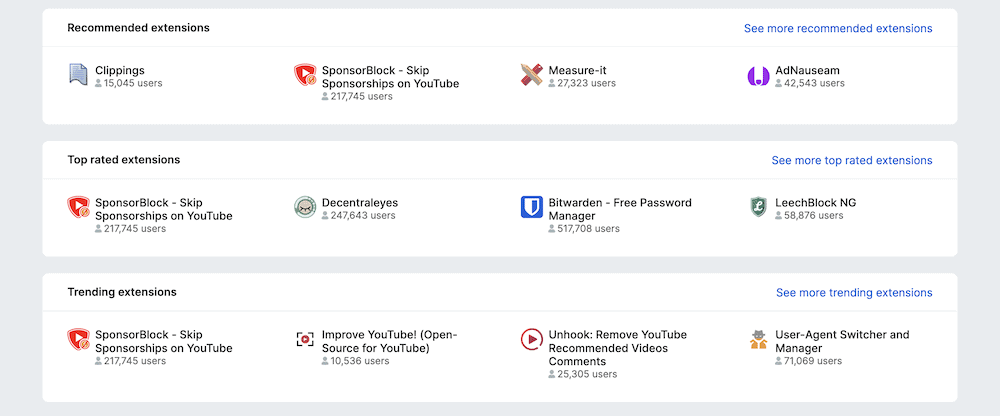 La schermata della libreria delle estensioni di Mozilla che mostra una raccolta di diverse estensioni che puoi installare per Tor Browser. Ognuno ha un'icona e un numero di utenti e sono separati in varie categorie correlate.