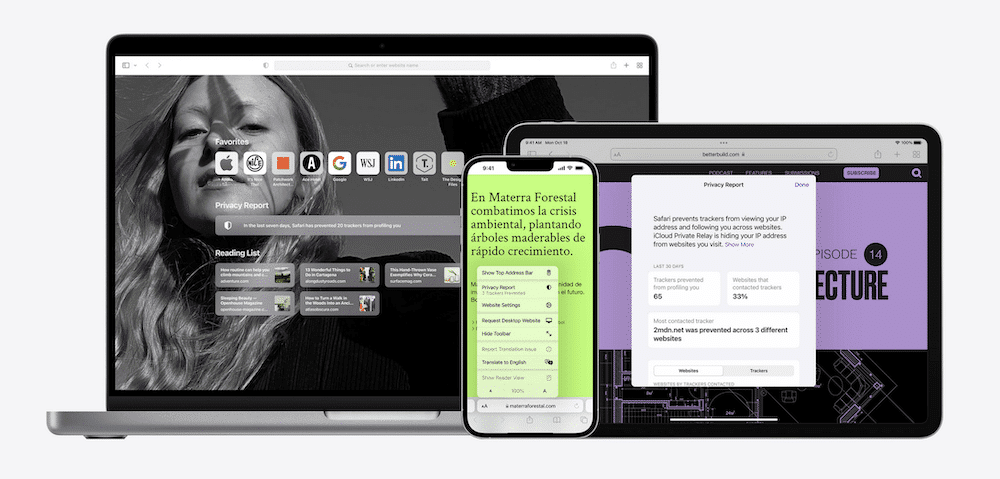 Tre dispositivi — MacBook, iPhone e iPad — che mostrano varie istanze del browser Safari, tra cui una pagina iniziale per MacBook, un blog verde per iPhone e un rapporto sulla privacy del browser per iPad.