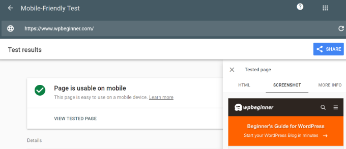 See mobile friendly test tool results