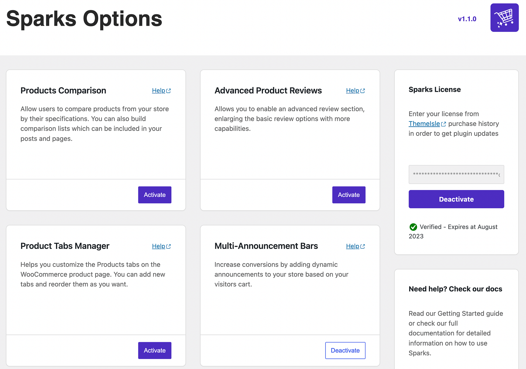 在 Sparks for WooCommerce 中激活產品比較模塊