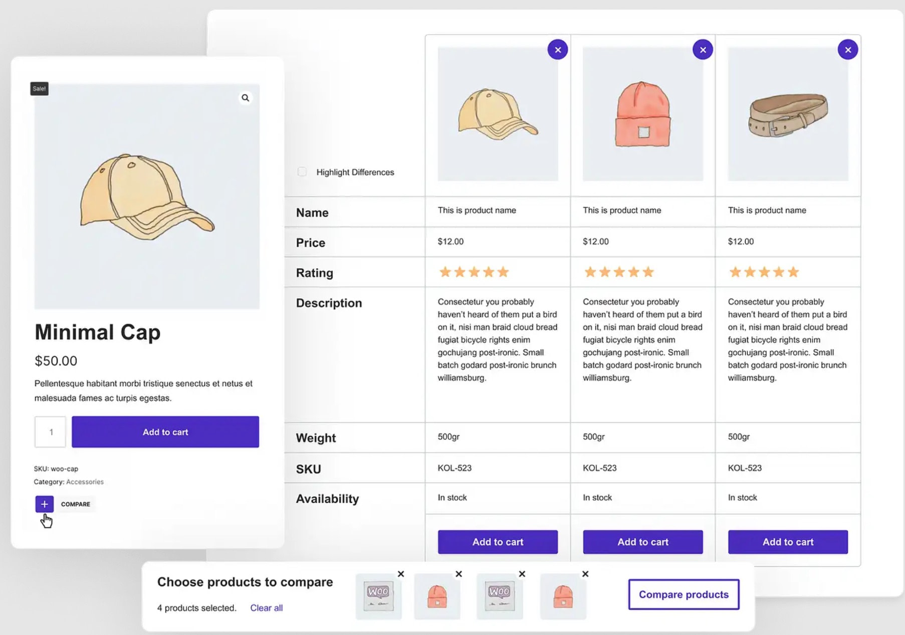 WooCommerce 比較來自 Sparks 插件的產品表示例