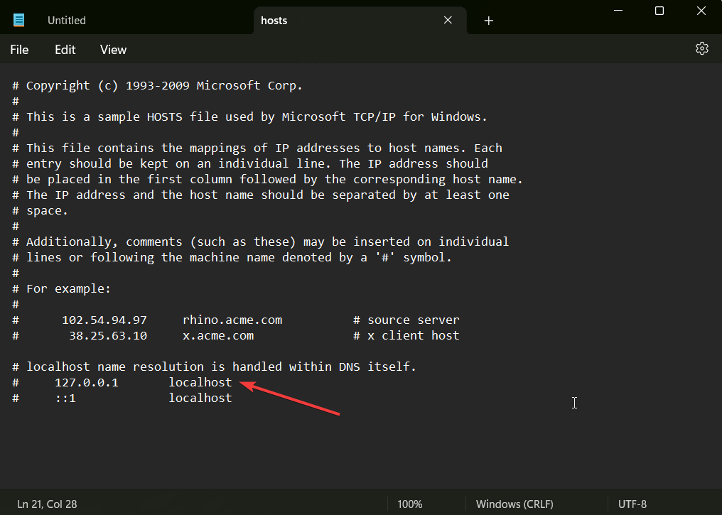 trovare localhost nel file hosts - correzione dns_probe_finished_nxdomain