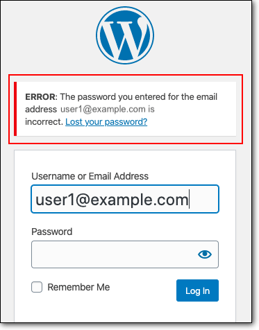 WordPress-Login zeigt an, dass das Passwort falsch ist