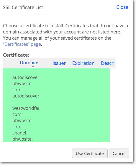 SSL 証明書リスト