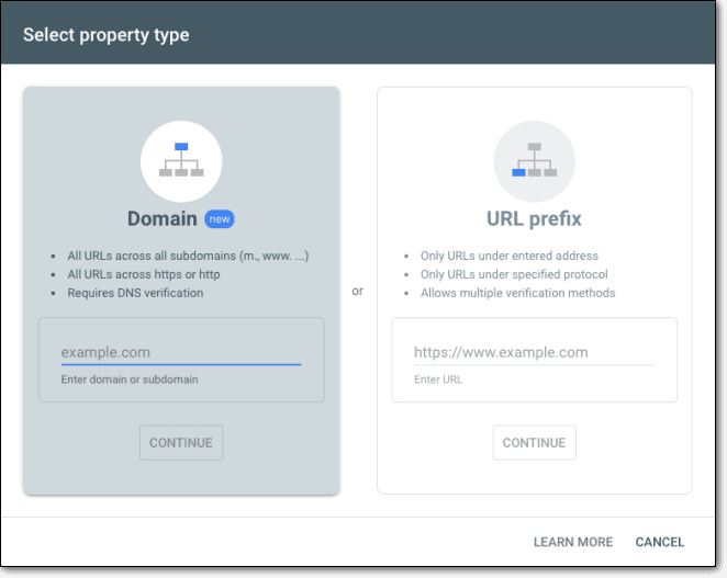 google console seleziona il tipo di proprietà