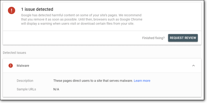 Avviso di malware su Google Search Console