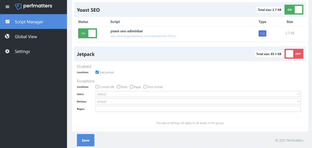 WordPress에서 사용하지 않는 CSS를 제거하기 위한 Perfmatters Script Manager