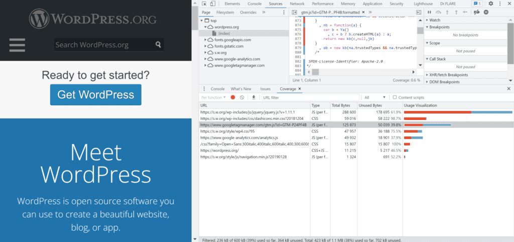 Google Chrome DevTools 커버리지 탭