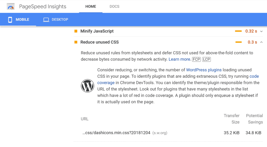 PageSpeed ​​Insights를 사용하여 사용하지 않은 CSS 보기