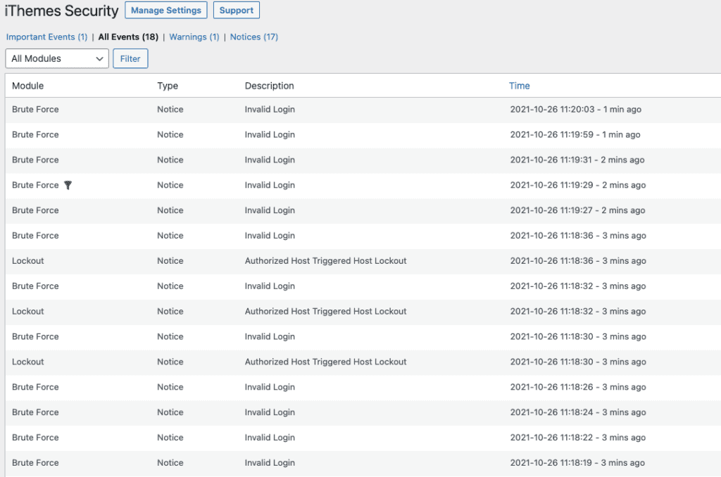 log de atividades de segurança do ithemes