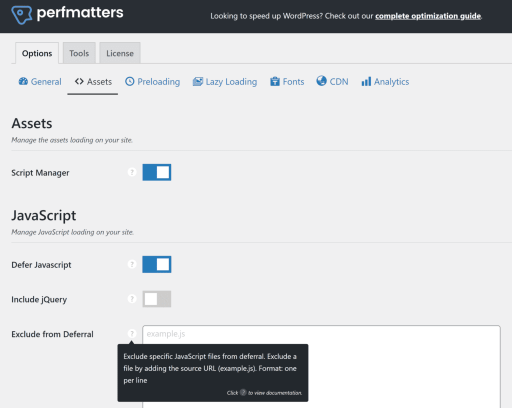 Perfmatters Javascript Settings لتأجيل تحليل Javascript