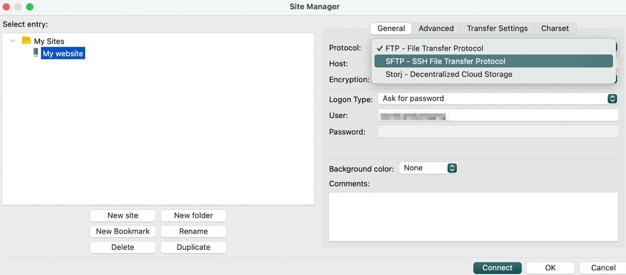 Cambia FTP in SFTP in FileZilla