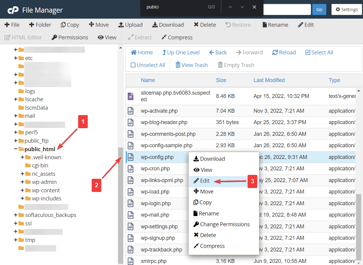 在文件管理器中編輯 wpconfig 文件