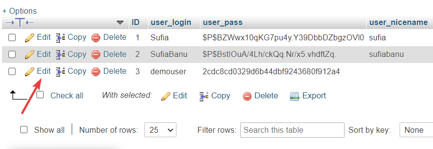 在 phpmyadmin 數據庫中編輯用戶