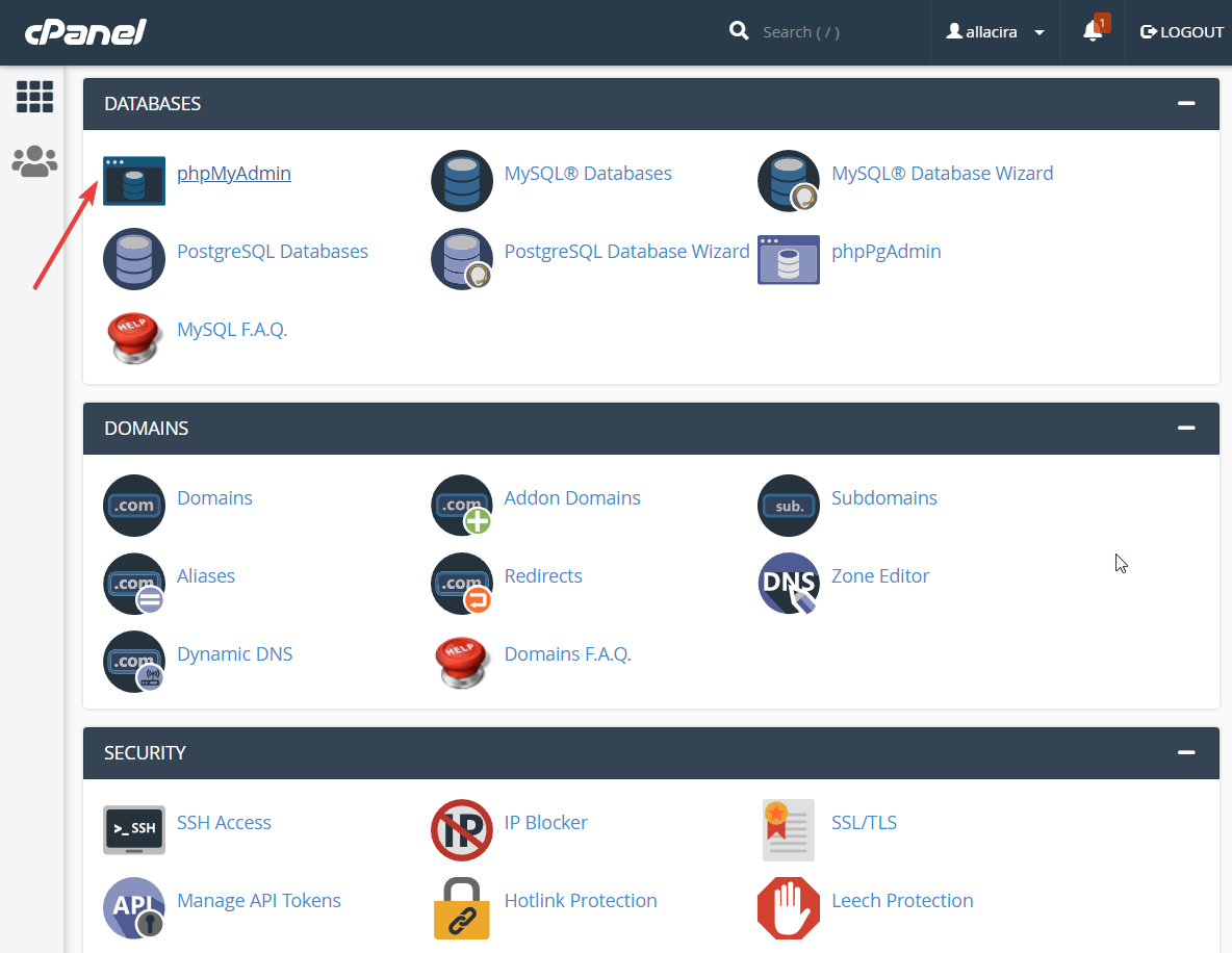 在 cpanel 中定位 phpmyadmin