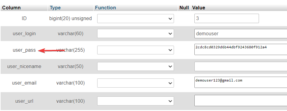 wordpress phpmyadmin中的用戶密碼選項