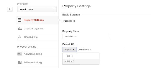 mise à jour de l'URL par défaut de la propriété google analytics vers la version https