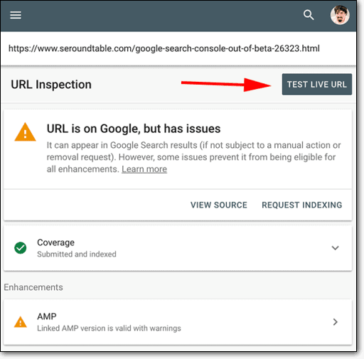 outil d'inspection d'url de la console de recherche google tester le bouton en direct.