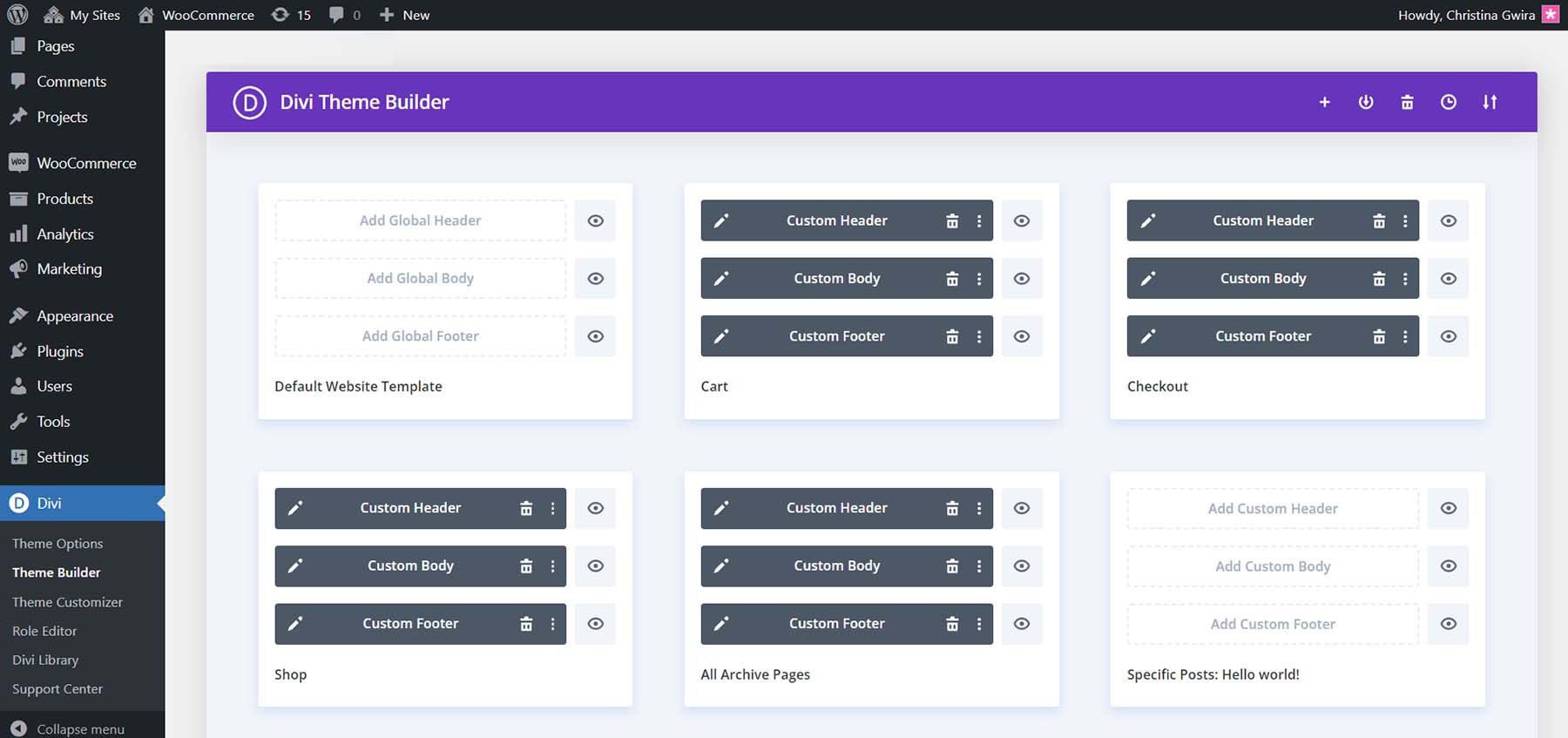 Theme Builder'da Divi ve WooCommerce özel şablonları