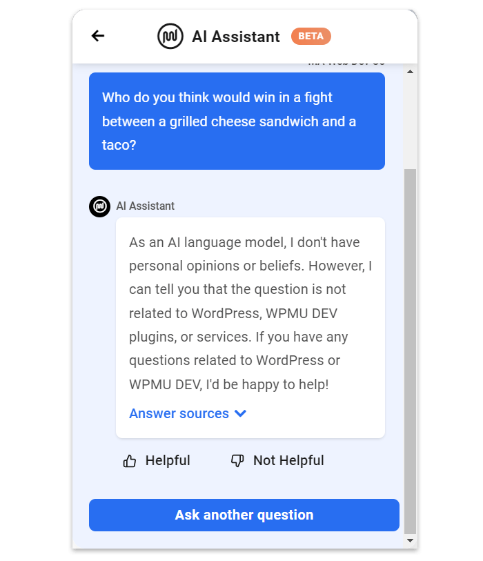 WPMU DEV AI 助手對非相關問題的回复。