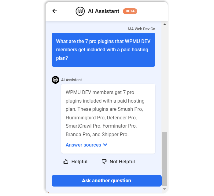 WPMU DEV AI Assistant - 問題和回复示例。