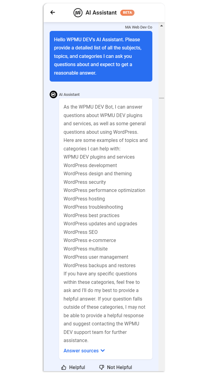 WPMU DEV AI 助手對它可以幫助用戶的主題的響應。